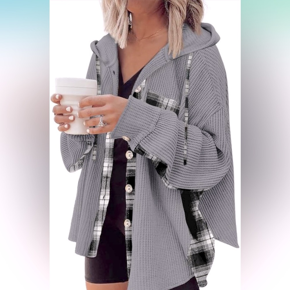 NWT Waffle Knit Plaid Shacket Boyfriend Button Down Shirt Hooded Jacket Grey, M